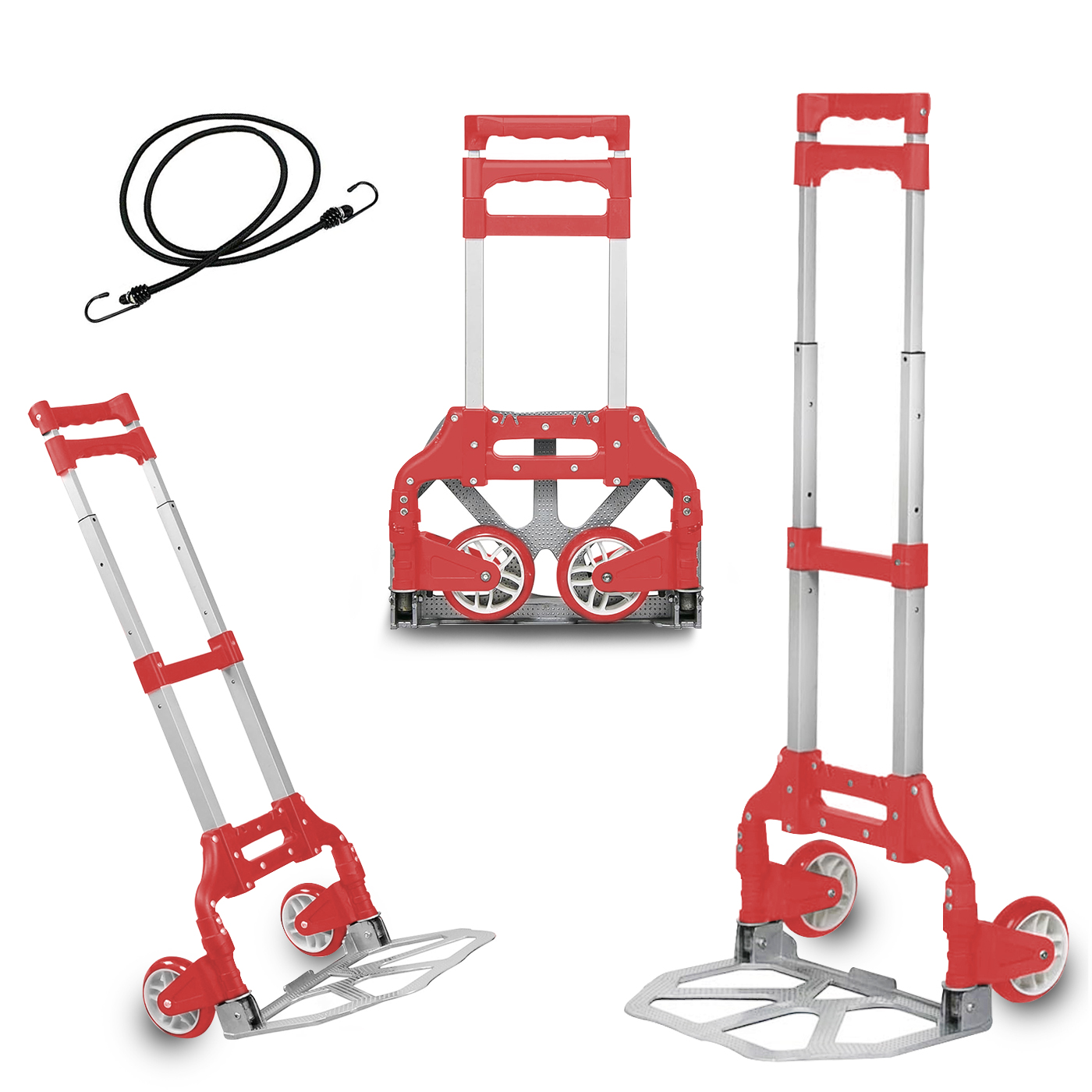 Carretilla Plegable de Aluminio + Cuerda, Carro de Mano con Ruedas de Goma, Compacto, Portátil y Resistente. Soporta hasta 70kg. Ideal para un Fácil Transporte de Maletas/Compras/Mudanzas/Oficina. Disponible en Rojo, Negro, Azul y Lila.