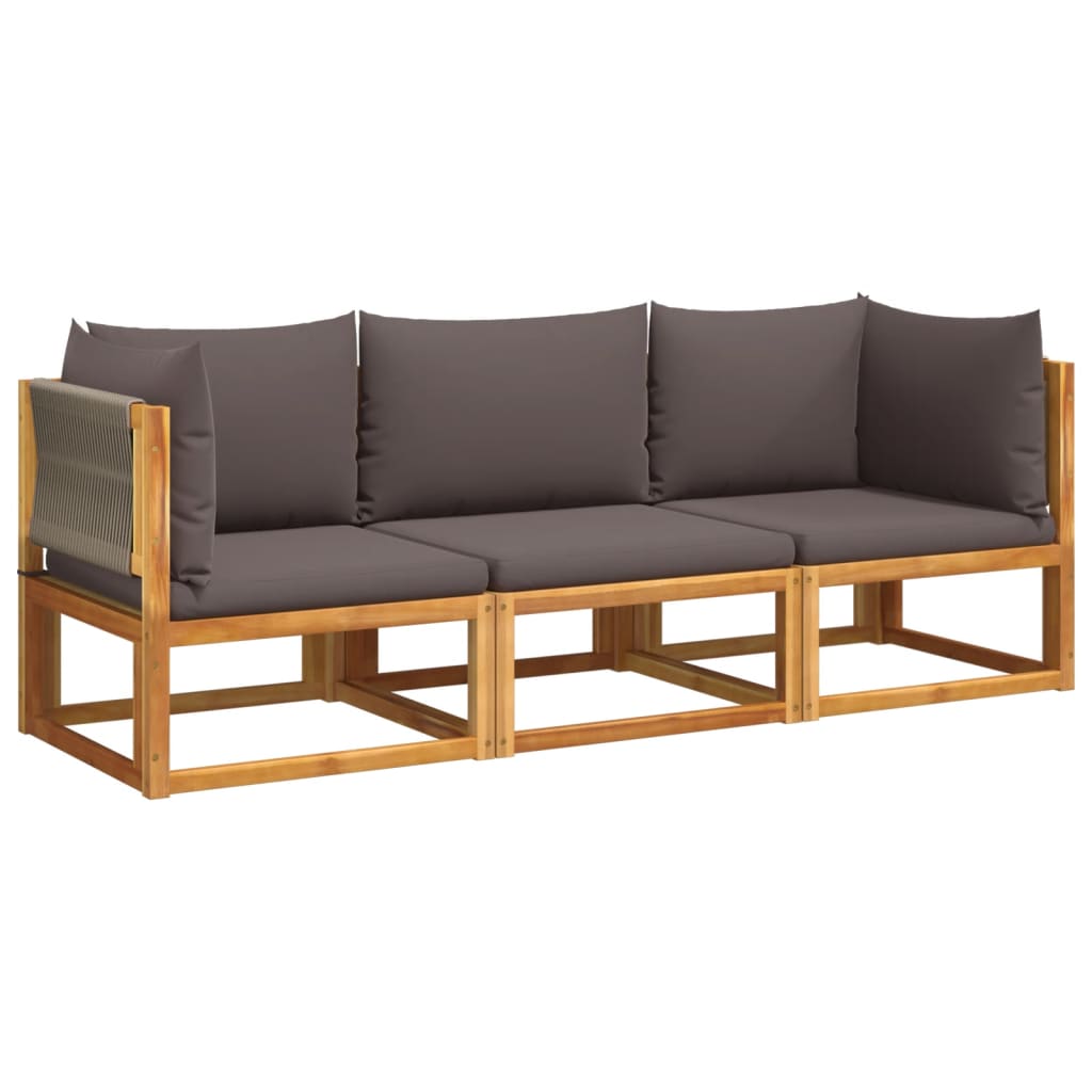 vidaXL Conjunto de sofá de jardín de 3 piezas con cojines de madera de acacia y cuerda