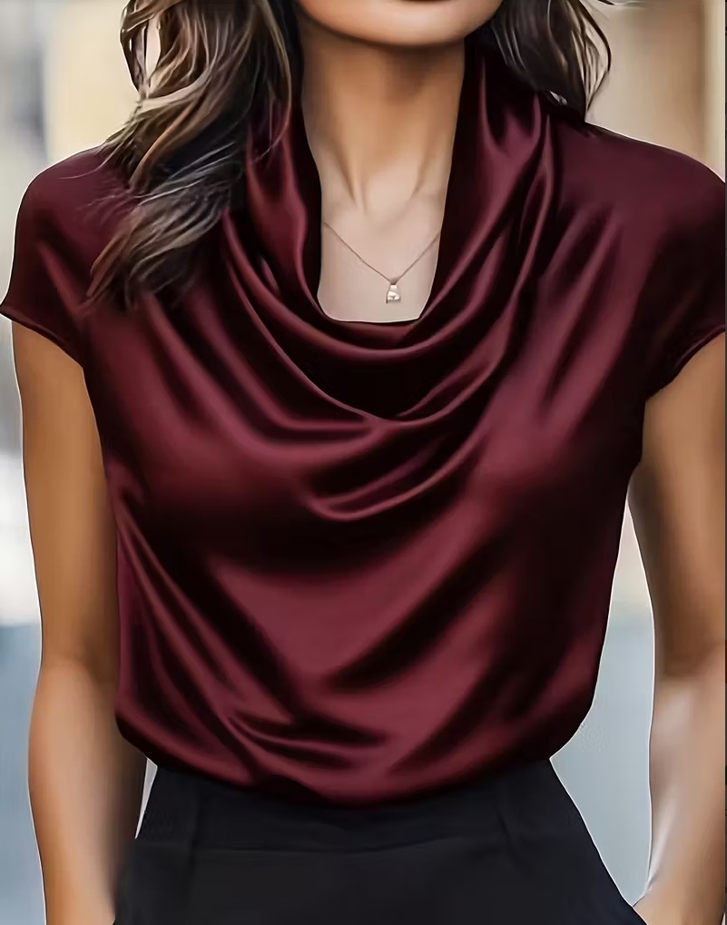 TK Blusa De Satén Elegante Para Mujer Verano Cuello Bajado Manga Corta Ajustada Casual Oficina Top Lady Sin Estirar Polyester