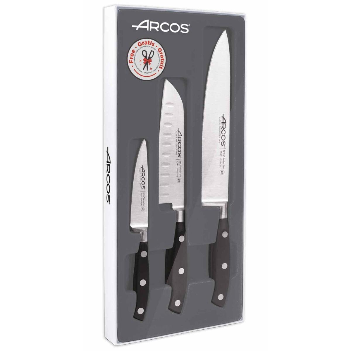 Arcos Set Cuchillos Forjados 3 piezas en Acero Inoxidable Nitrum y Hoja mm. 729 gr. Pequeño y ligero. Mango ergonómico Polioximetileno POM. Serie Riviera. Hoja delgada con filouave. Color negro.