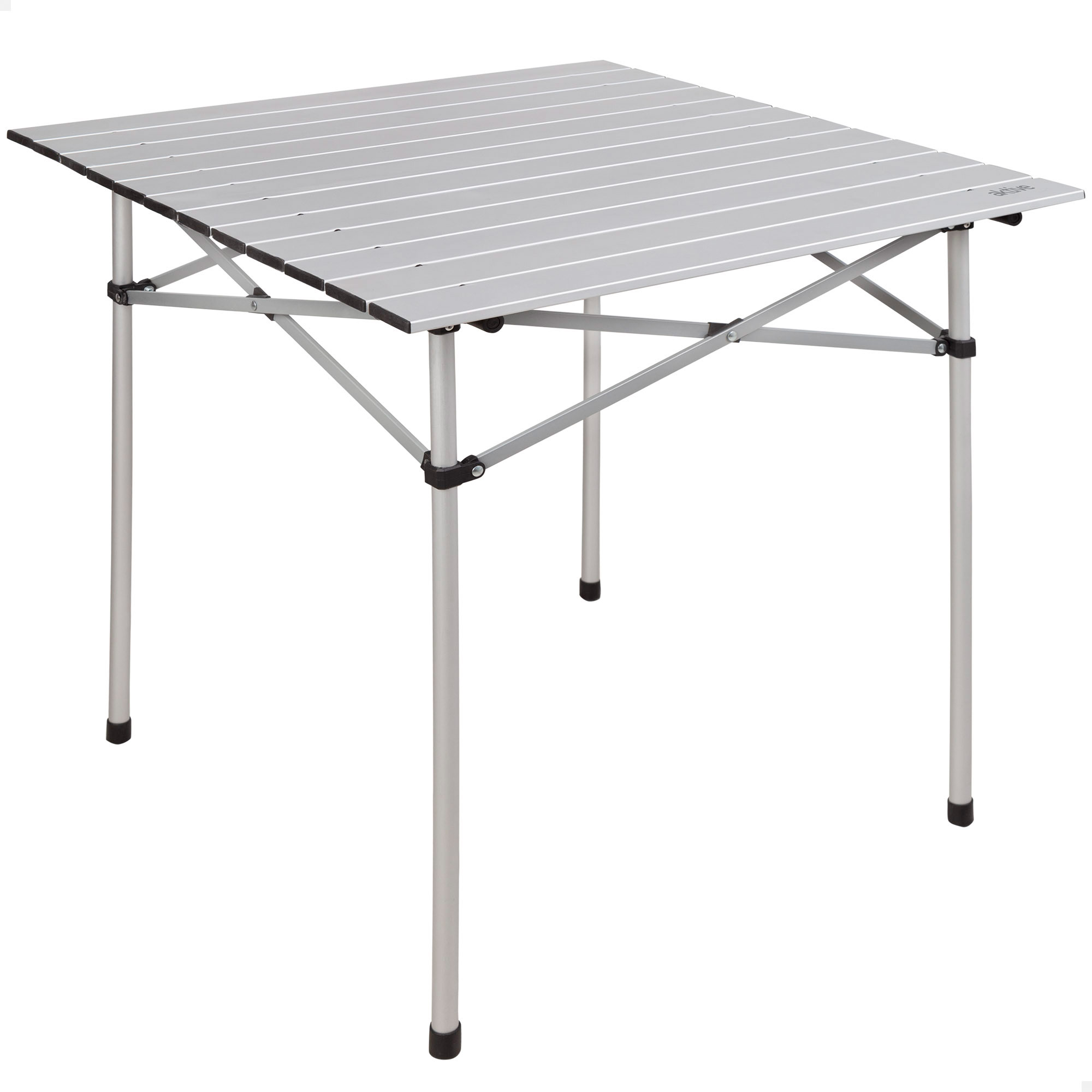 Aktive - Mesa plegable camping, color gris, 70x70x70 cm, uso exterior, patas plegables, tablero desmontable, máx. 30 kg, estructura y tablero de aluminio, topes antideslizantes, plegado acordeón, mesa portátil, resistente y duradera, incluye bolsa con asa