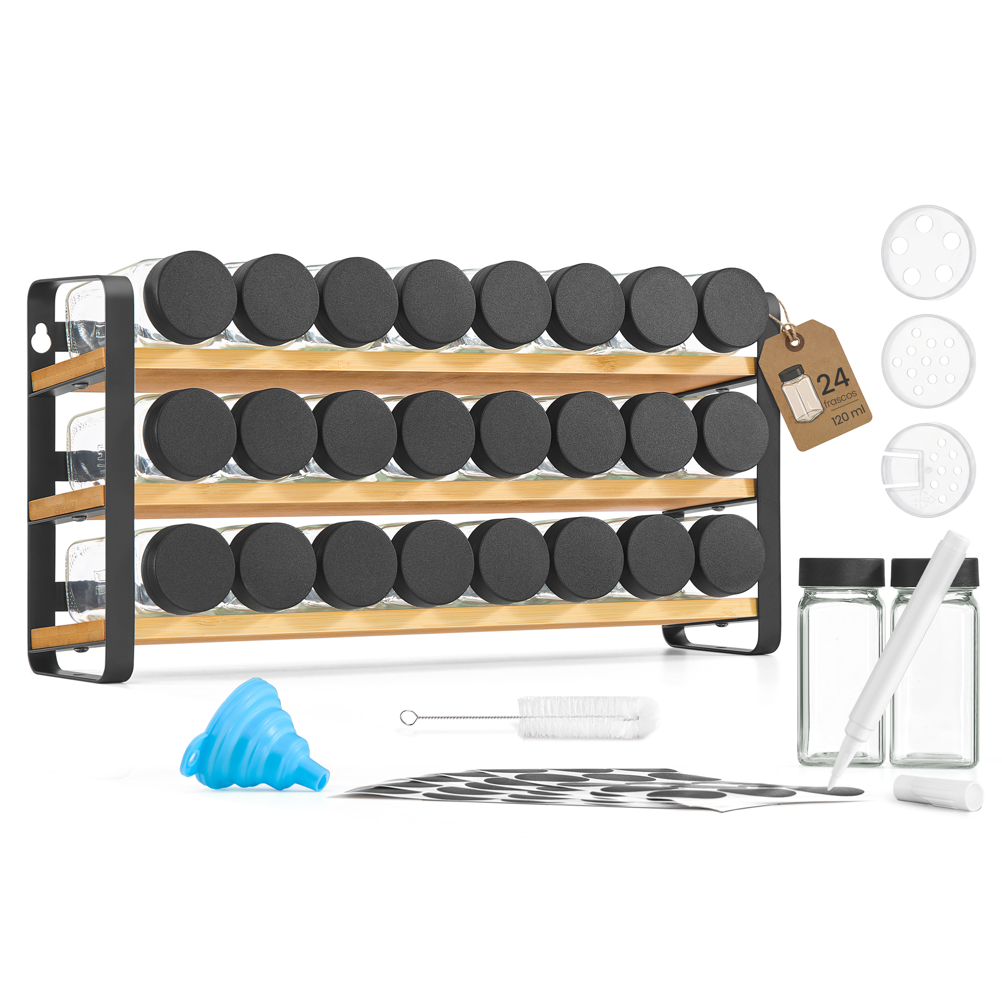 SONGMICS Especiero de 3 Niveles, con 24 Frascos de Vidrio, Organizador de Cocina y Soporte para Especias, Etiquetas, Embudo, Marcador y Cepillo, Negro Tinta y Bambú Natural