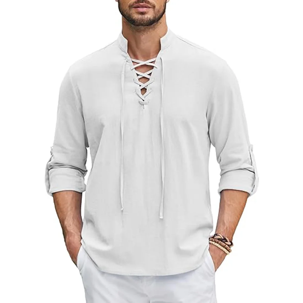 TK Camisa De Renacimiento Para Hombre Pirate Viking Medieval Algodón Lino Camisa De Manga Larga Para Halloween Disfraz Casual Diario