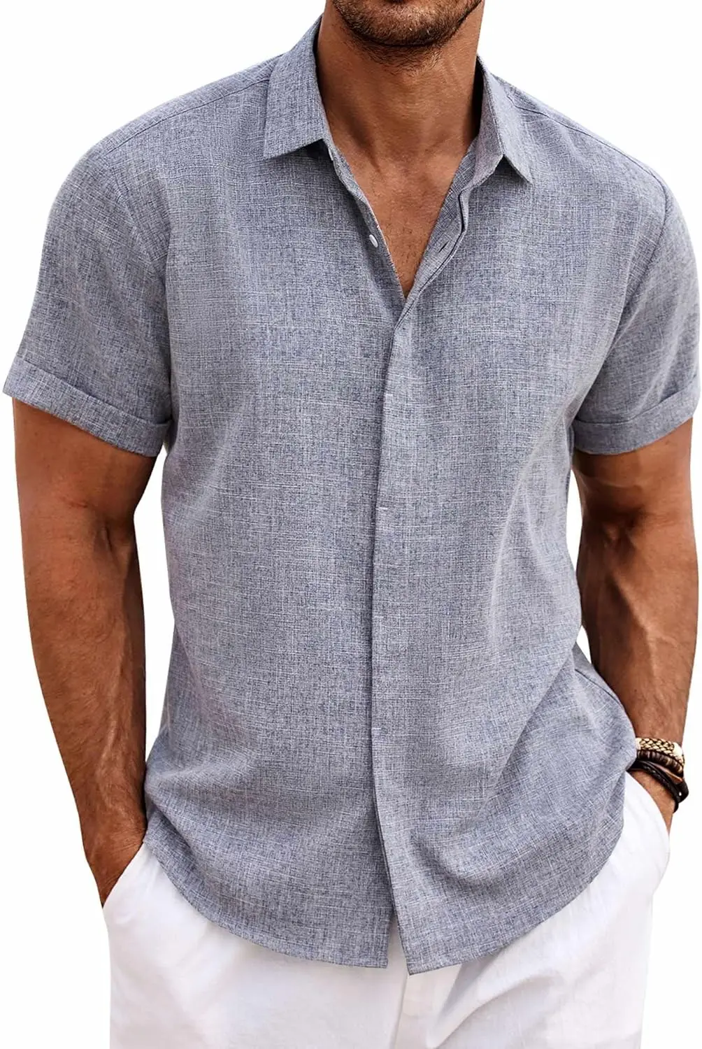 TK Camisa De Hombre Casual De Color Sólido Algodón Y Lino Cómoda De Verano Corta Para Playa Ropa Diaria Con Botones Pullover