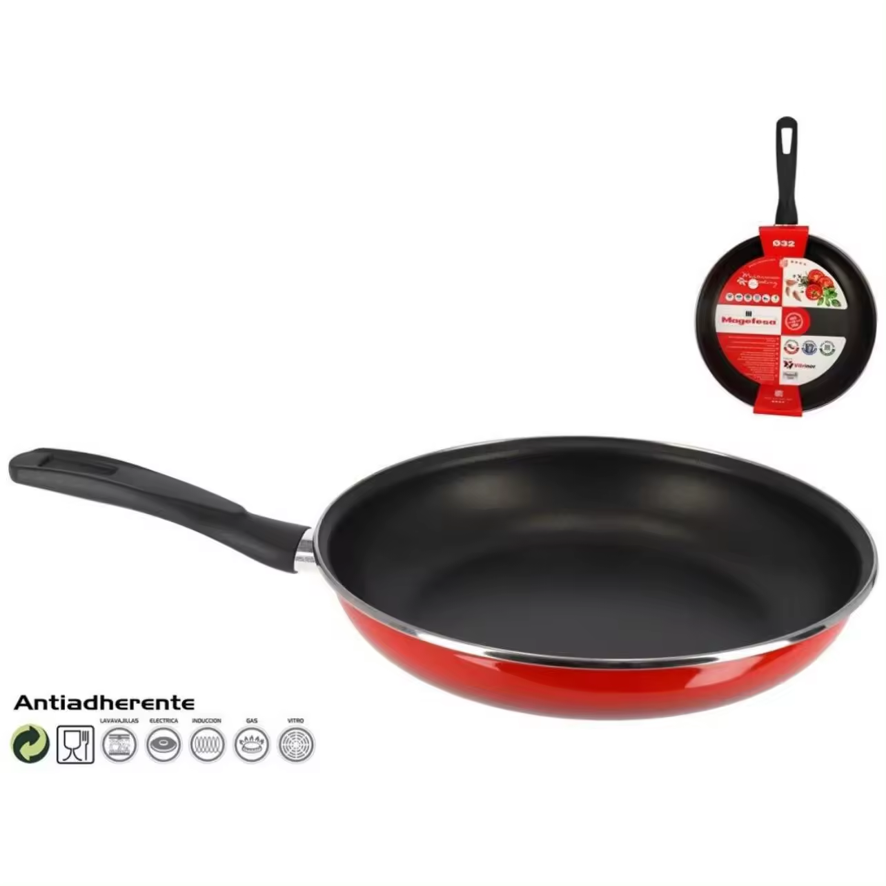 Sartén 18 ,20, 22,24,26, 28,30 y 32 cm Antiadherente Megafesa Acero Vitrificado en Rojo ,Compatible con Inducción y Lavavajillas. Diferentes tamañas para elegir. Envío desde España