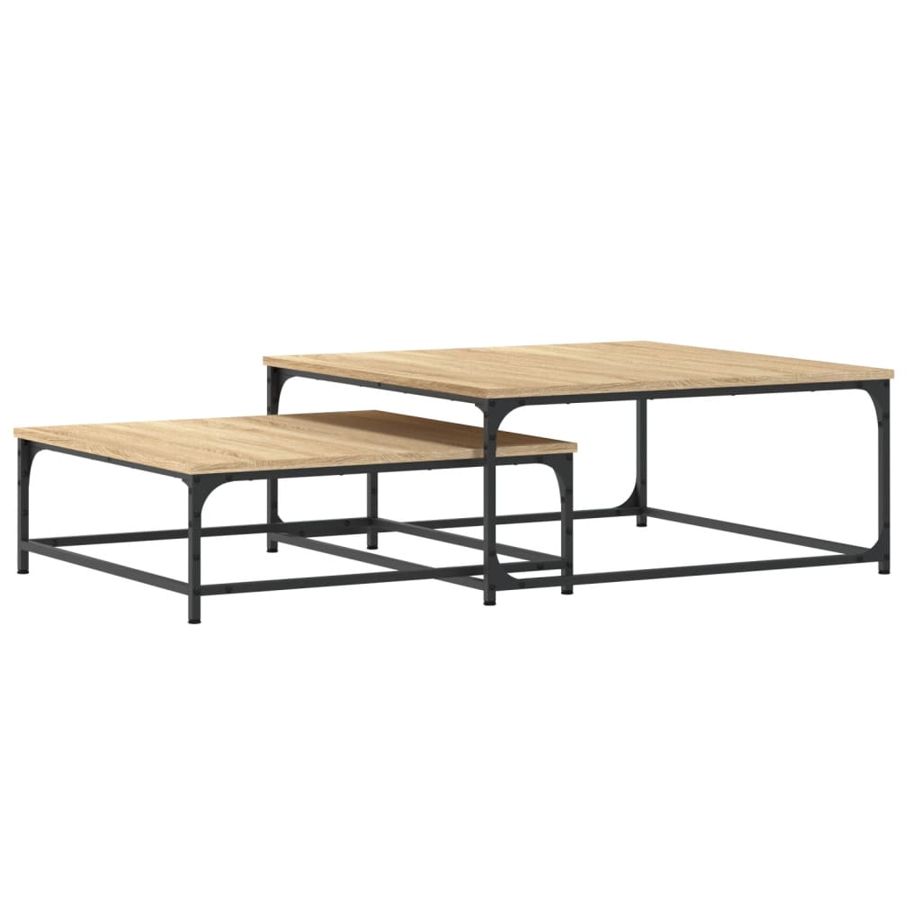 Vidaxl Mesas de Centro Apilables 2 Pzas Madera Ingeniería Negro, Roble Sonoma, Roble Ahumado - Mesita de Salón o Comedor o Auxiliar - Mesa de Café - Meuble Salón