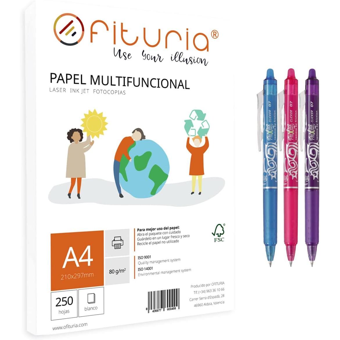 Ofituria Paquete folios A4 80gr 250 Hojas + Pack Frixion para uso escolar y laboral
