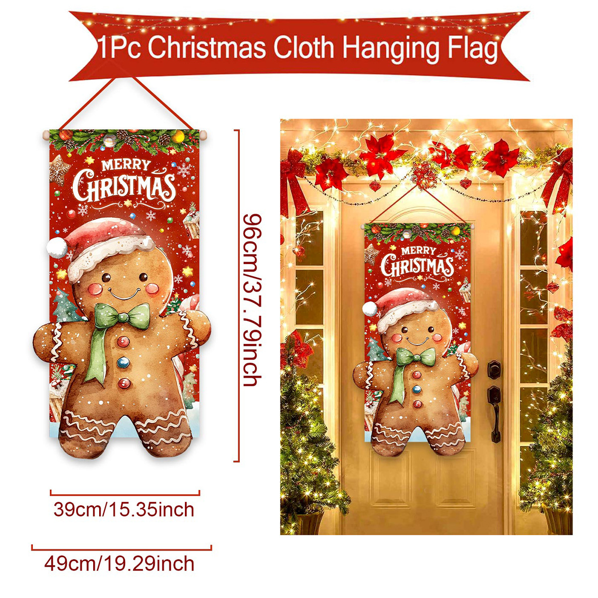 Banderín de puerta navideño con motivo de hombre de jengibre, fondo para fiestas al aire libre--Bandera para exterior