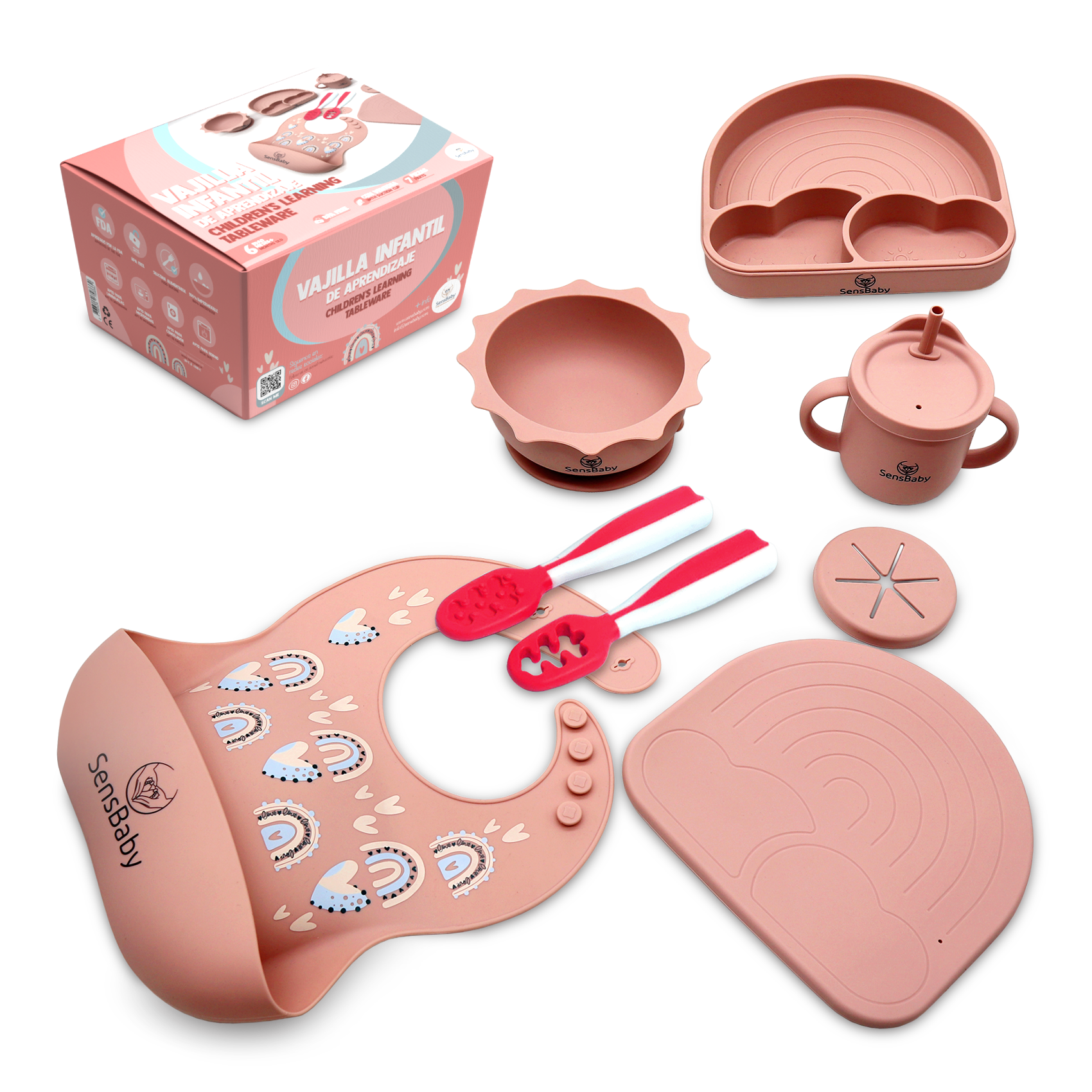 Vajilla Bebe Silicona - Utensilios para la alimentación, Cuchara Silicona Bebe, Platos Vajilla, Vaso Antiderrame Bebe, Baberos, Perfecto Como Regalos Para Bebes Recien Nacidos, Edad 0-6 Años Vajilla De Silicona Con Ventosa Para Bebes, Blw, SENSBABY