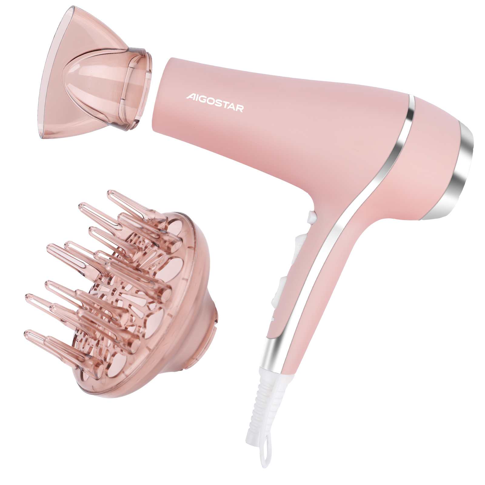 Aigostar Secador de Pelo Profesional 2400W Secador Iónico, Versión Rosa Mate con Boquillas Difusor y Concentrador, 2 Velocidades y 3 Temperaturas - Lora