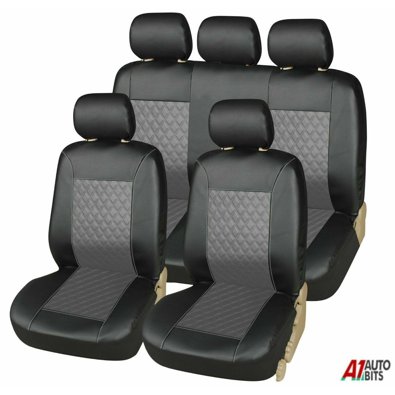 TK Funda de asiento de coche de cuero sintético PU, cojín universal negro para las cuatro estaciones, para 5 plazas, universal, nuevo estilo, con bordado acolchado.