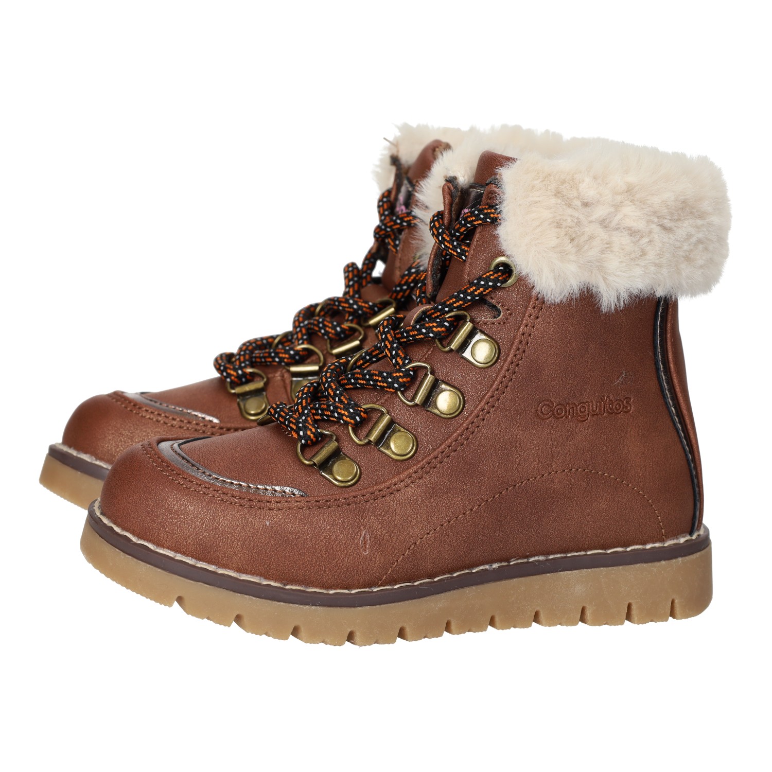 Conguitos brand boots-animal for girls in brown. Brown ankle boots for girls from the conguitos brand with fur on top and closure with laces and zipper