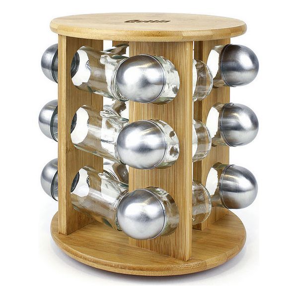 QUTTIN - Especiero De Bambú (12 Pcs) (19 X 19 X 23 Cm),organizador de especias madera 12 botes cristal y acero inoxidable, estante de almacenamiento para especias | Amystyle