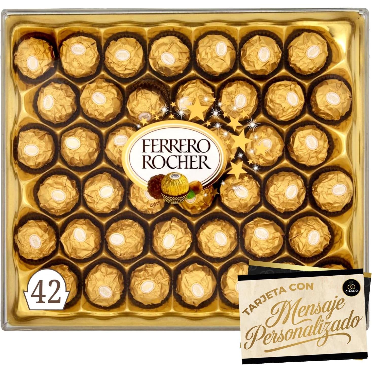 Caja Gigante de 42 Bombones Ferrero Rocher (525g) con Tarjeta Personalizada. El regalo supremo para los muy chocolateros y las grandes celebraciones, con un mensaje inolvidable de Cia&Co.
