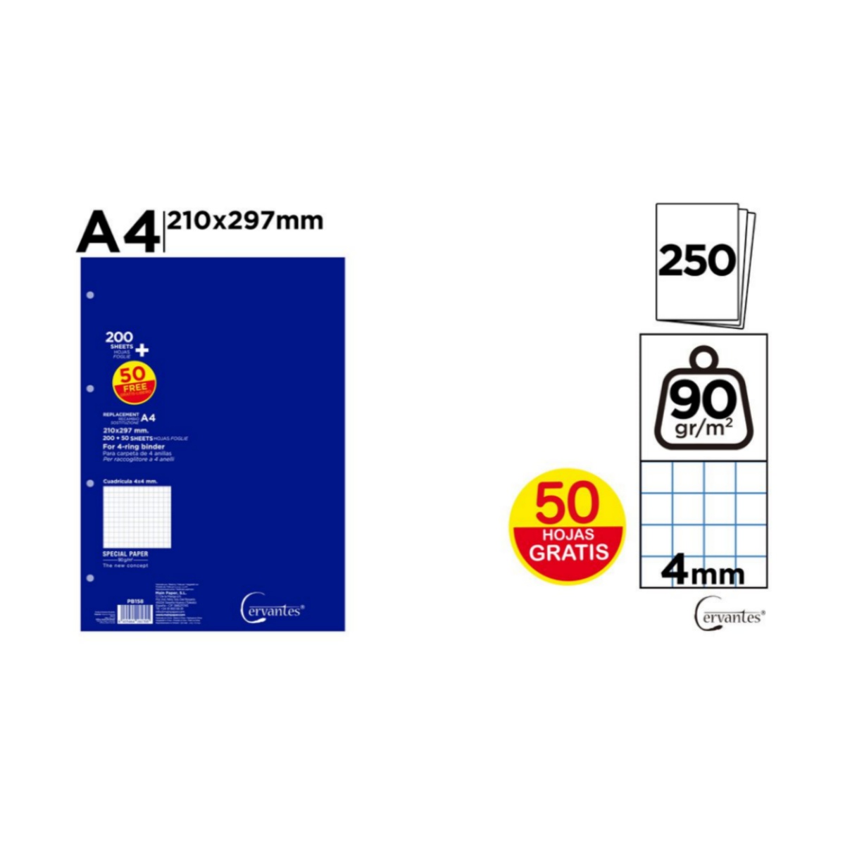 ZYLX SHOPPING – Recambio Hojas A4 90 g/m² Cervantes, 4 Taladros, Cuadrícula 4 mm, Resistentes y con Hojas Extra