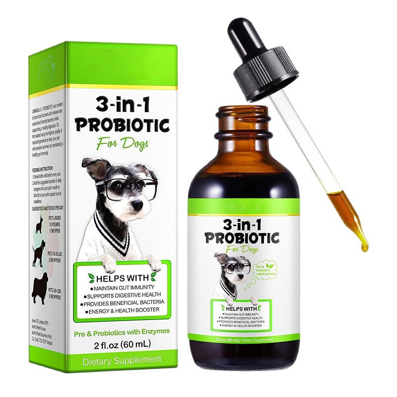 Probióticos líquidos en gotas para mascotas, cuidado digestivo, suplemento multivitamínico para perros.