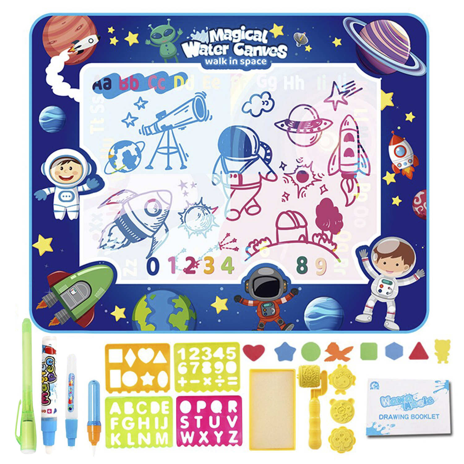 DAM. Pizarra infantil para dibujar con agua de 100x80cm. Brilla en la oscuridad. Incluye pintura de luz, 3 rotuladores de agua, plantillas de dibujo y escritura, tampones con formas y 8 figuras de EVA. 100x80x3cm.