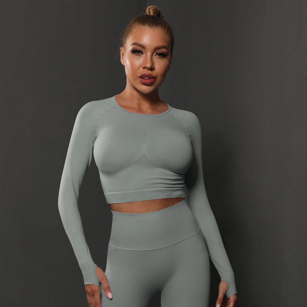 Camiseta de DOT Liso para Mujer, camiseta sin costura para Fitness, absorbente de Sudor, ajustada, de manga Larga, para Corre, entrenamiento, Yoga
