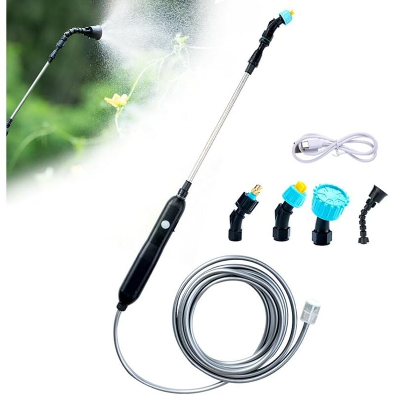Pulverizador de jardín eléctrico, lanza telescópica con 4 boquillas y manguera de 10 m, recargable por USB para un riego eficiente