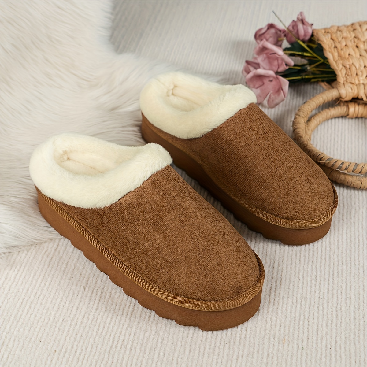 TK Zapatillas de Casa Cálidos de Color sólido, Zapatos antideslizantes forrados with Plataforma, Zapatos peludos de Felpa cómodos de Invierno