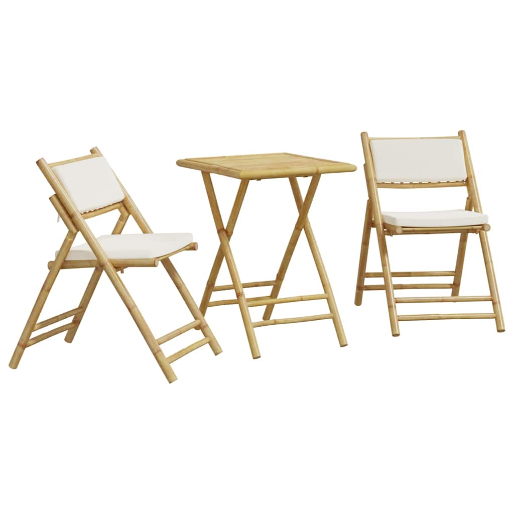 vidaXL Juego bistró plegable de bambú 3 pzas con cojines en color Gris oscuro/Blanco crema | acolchados duraderos para sofás de jardín terraza exterior