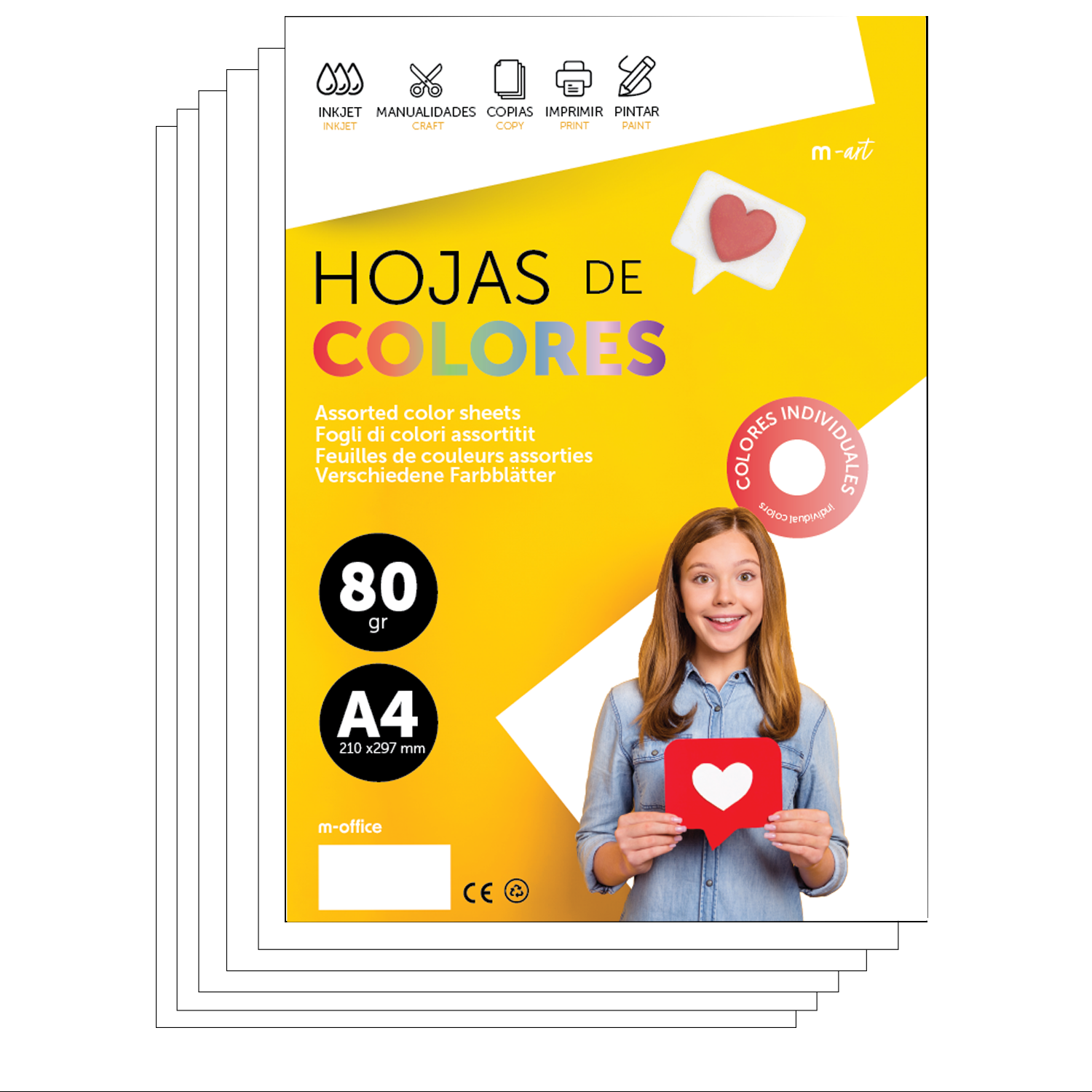 M-Office Folios De Colores A4 80g Para Impresoras y Manualidades, Papel Surtido Para Niños, Paquete Folios Colores Para Tarjetas, Escuela y Proyectos Creativos m-office