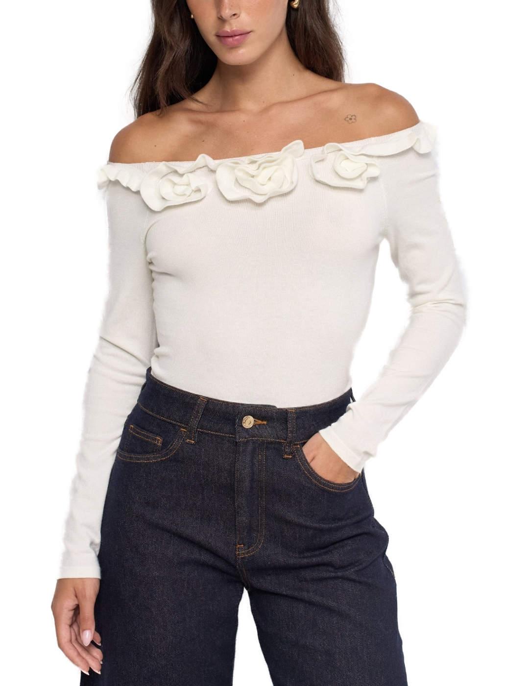 Jersey Salsa blanco escote flor palabra de honor para mujer