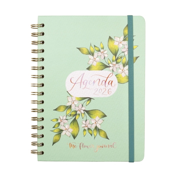 Finocam flower journal agenda de espiral - anual 2026 - tapa dura - cierre de goma - formato e10 - 155x212mm - semana vista horizontal - color verde