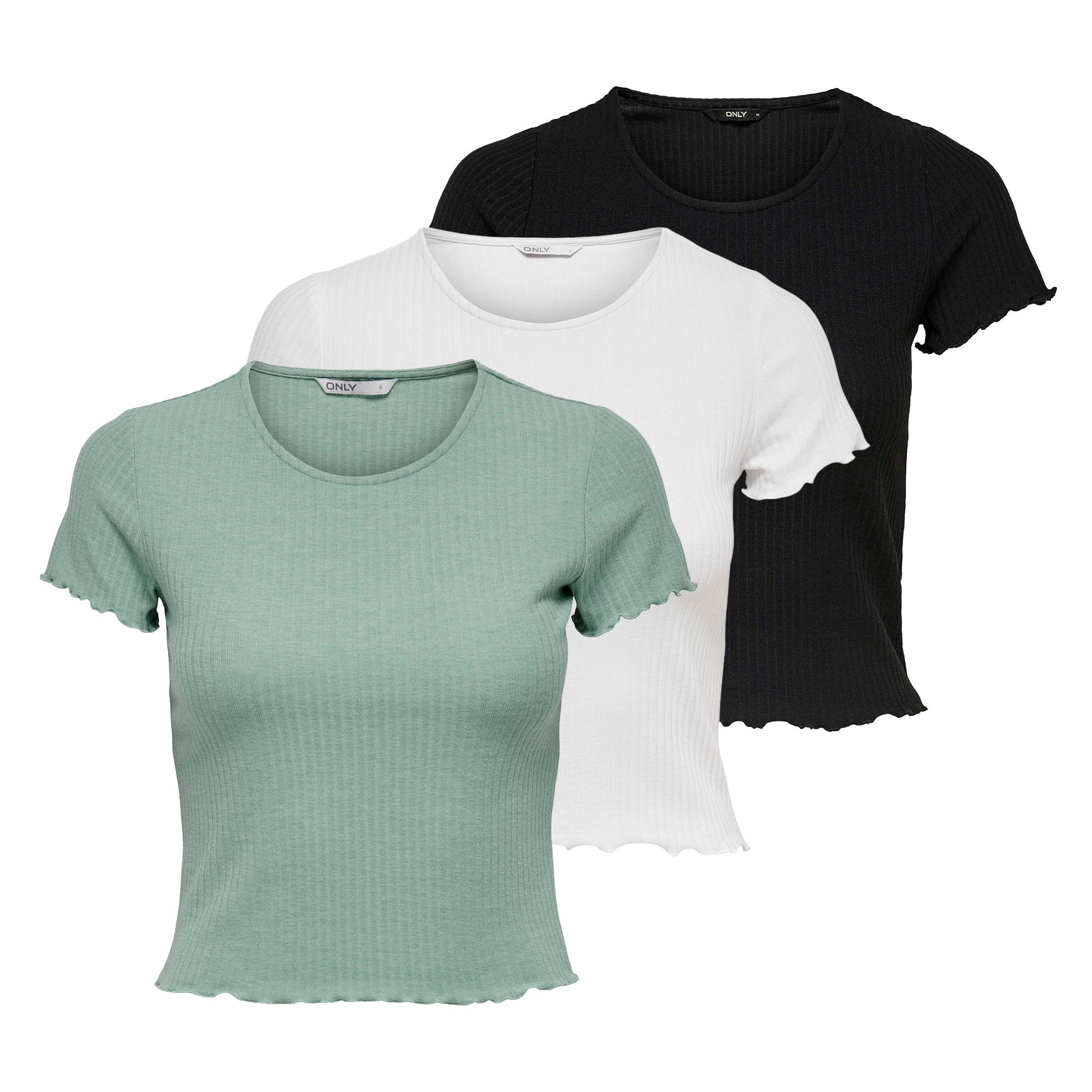 ONLY Camiseta de mujer Paquete de 3 - ONLEMMA SHORT TOP, cuello redondo, cropped, acanalada, lisa ONLEMMA SHORT TOP 3P