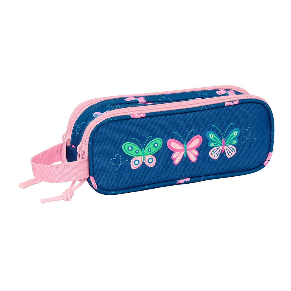 SAFTA | Portatodo Triple Pequeño Blackfit8 Mariposas, Organizador Escolar 22 cm, 3 Compartimentos con Cremallera, Goma Elástica Trasera para Acoplar a Cuaderno o Carpeta, Azul Marino y Rosa