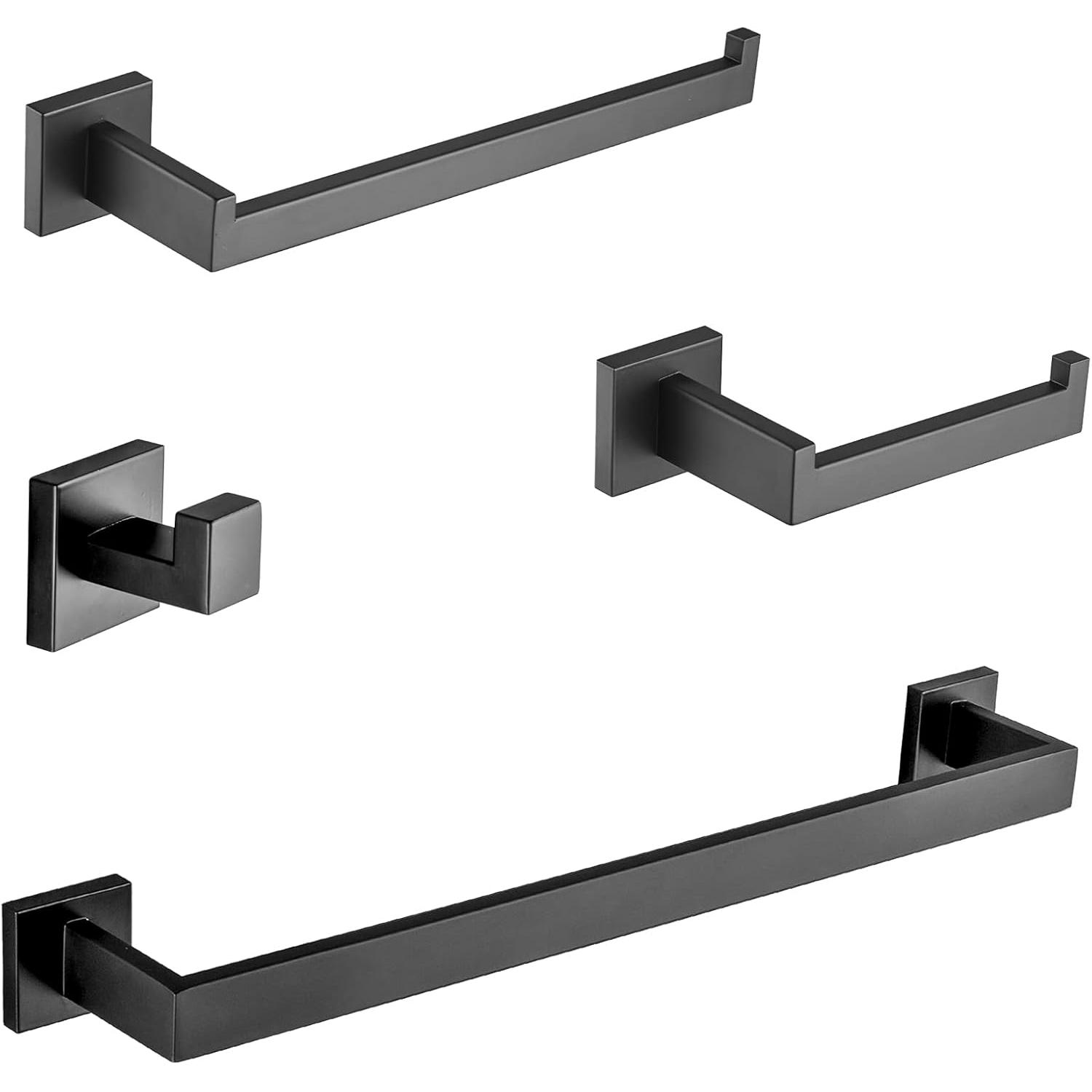 4 Piezas Toalleros de Juego de Accesorios de Ferreteria de Baño de Pared con Toallero 40cm,Barra de Toallas,Soporte de Papel Higiénico,Gancho de Bata Acero Inoxidable Negro Mate