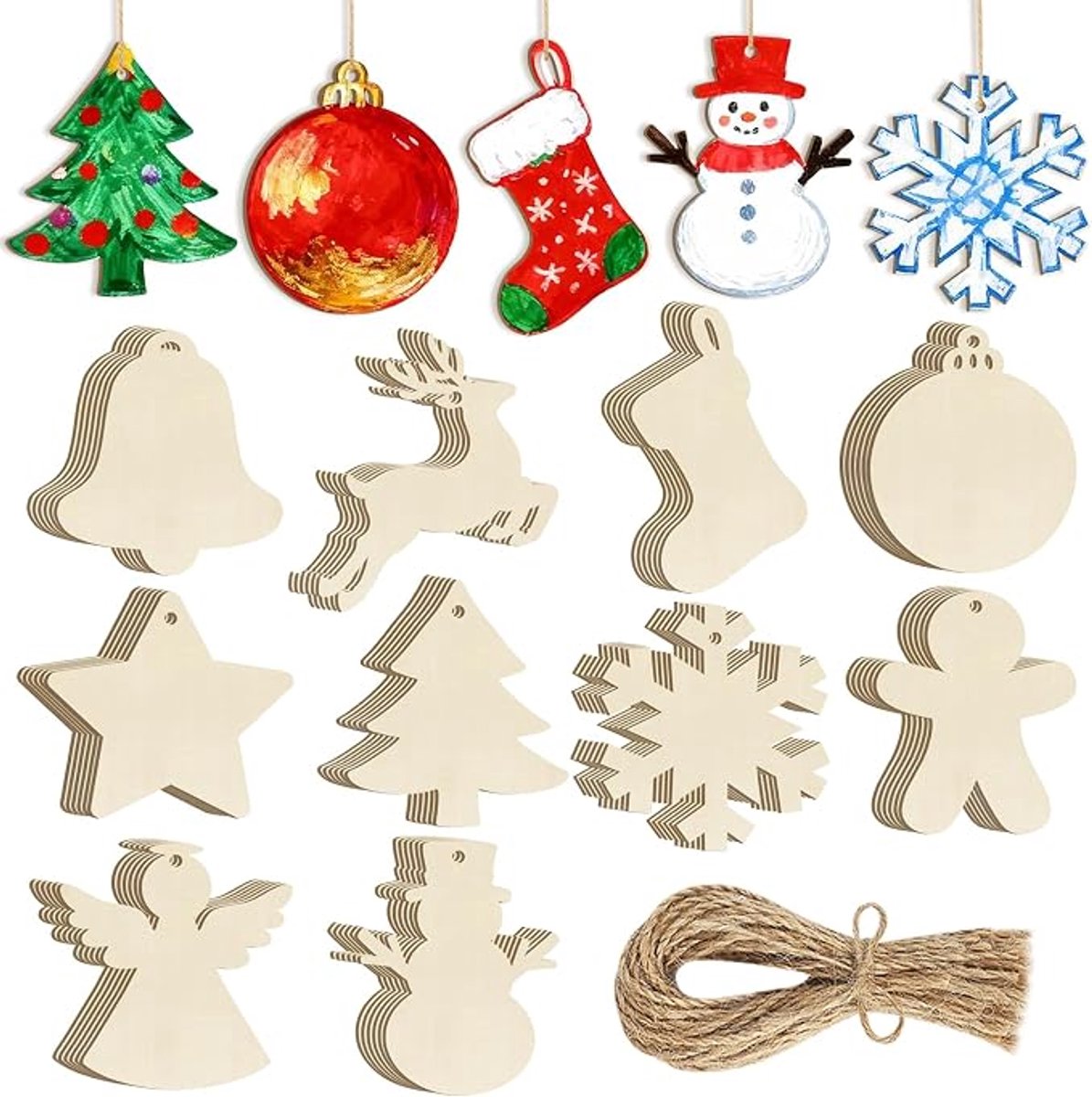 80 piezas - Adornos navideños - Bolas de Navidad de madera - 8 estilos - Con cuerda para colgar - Se pueden pintar - Proyectos de manualidades - Navidad - Adornos para el árbol de Navidad - Adecuado para proyectos de manualidades, fiestas navideñas y d