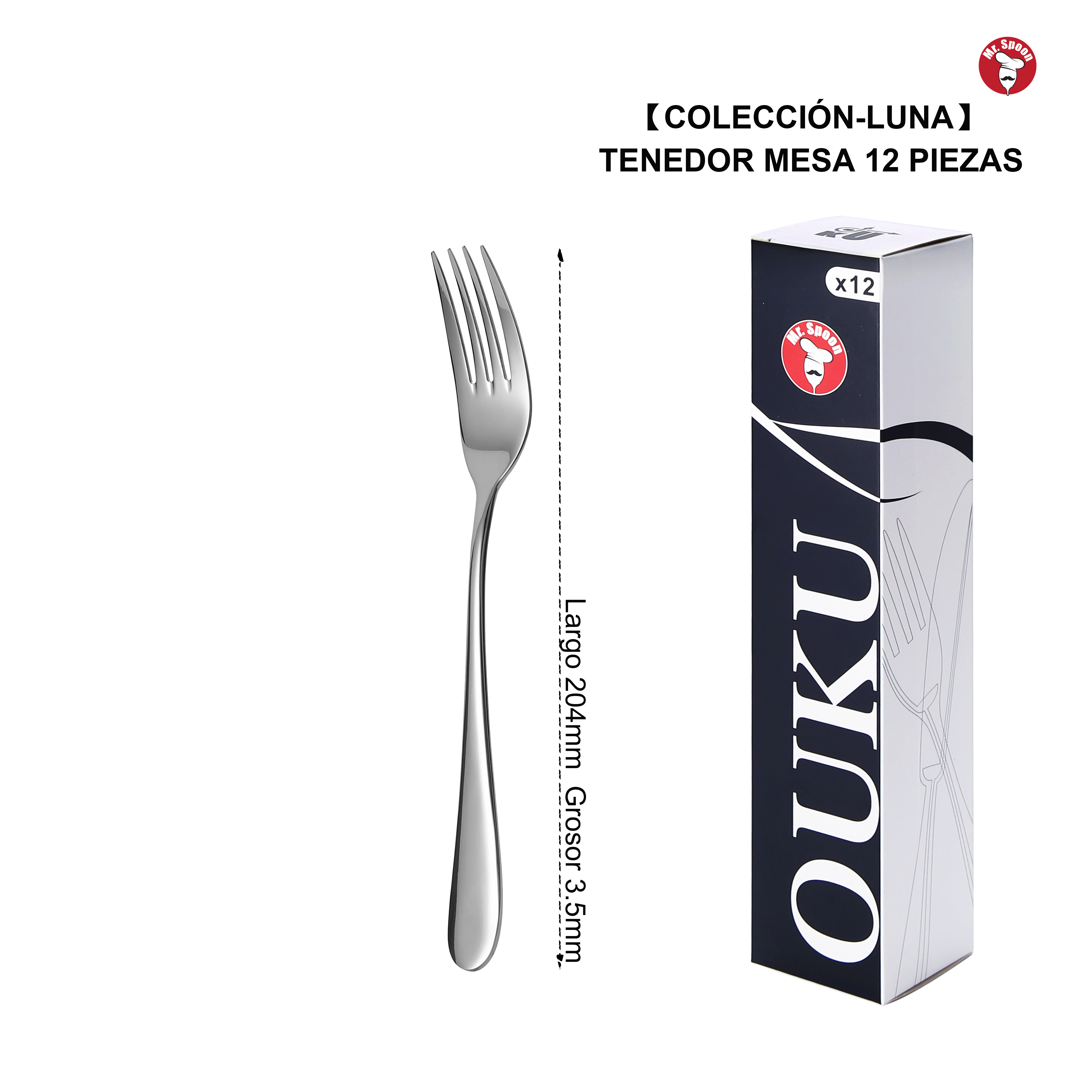 Mr.Spoon Serie Luna Cubiertos Premium Acero Inoxidable 18/10 Plata, Alta Calidad, Apto para Lavavajillas, Cubiertos Individuales con Múltiples Opciones: Cuchillo, Tenedor, Cuchara, Postre, Fruta y Café, Cubertería Moderna para Cocina Hogar Restaurante