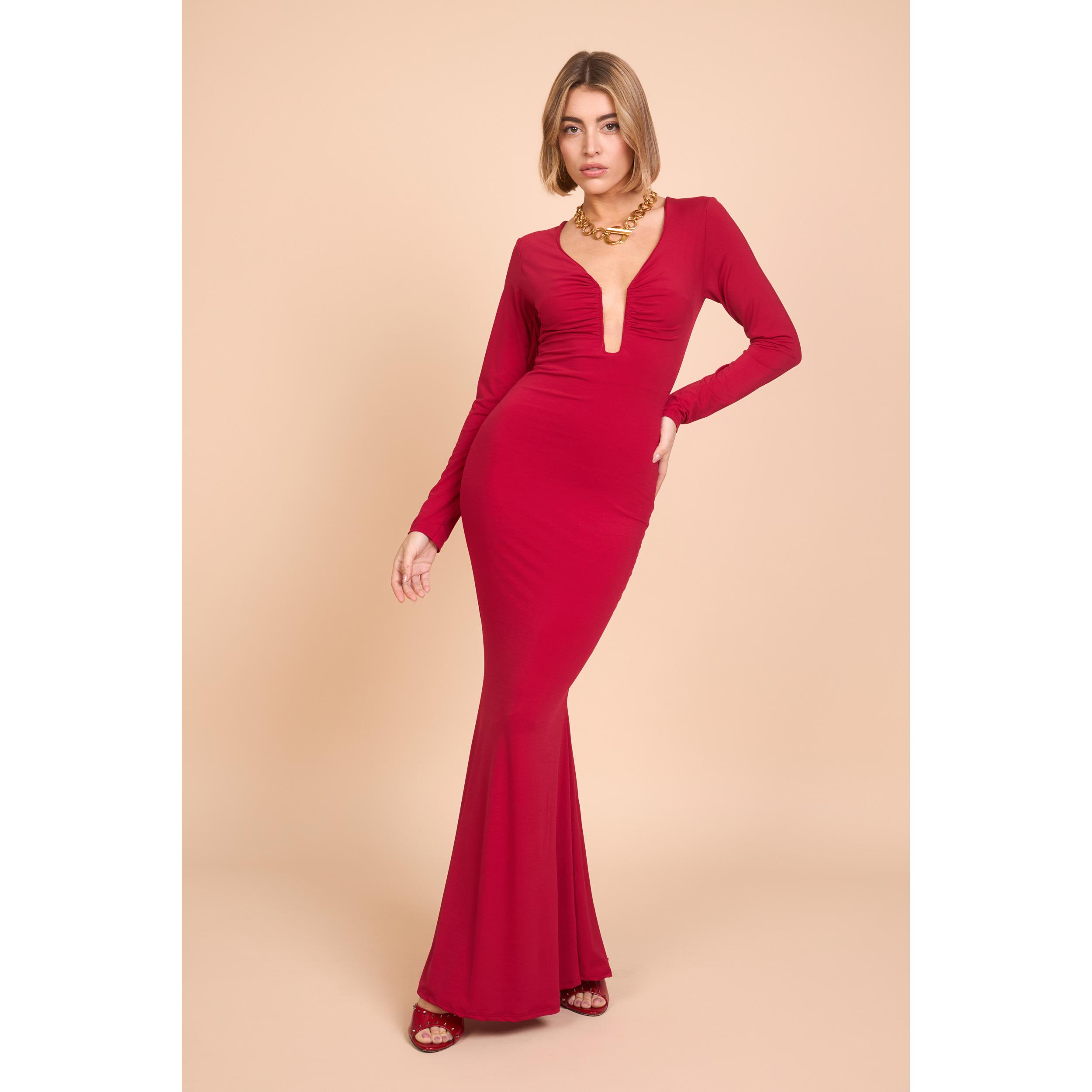 Vestido largo de fiesta en tejido crepé elástico. Espectacular diseño con escote en V profundo y fruncido, manga larga, silueta sirena ajustada y corte de gran elegancia. Talla única adaptable (34 a 38). ¡Crea un look inolvidable en tu evento!