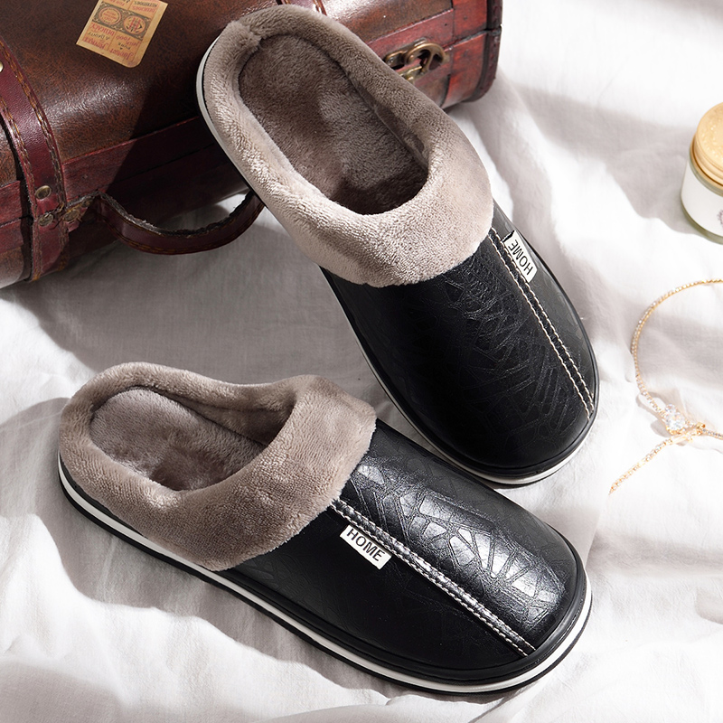 TK Zapatillas De Casa Para Hombre Invierno Interior Cálidas Cuero TPU Con Suela PVC Impermeable Y Forro De Peluche Espeso Zapatos Planos Para Parejas