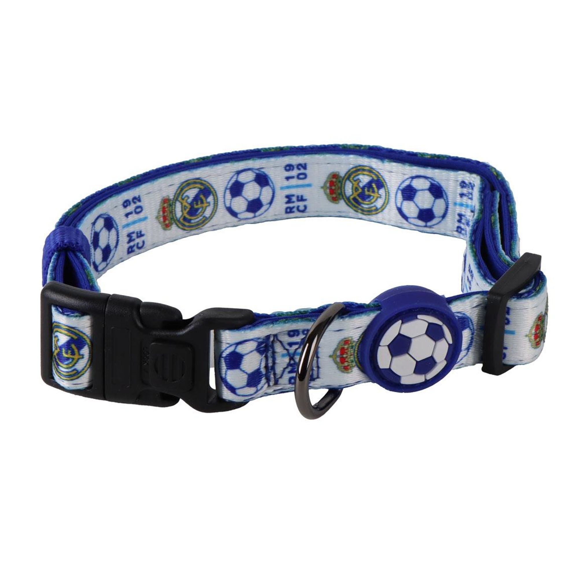 Collar para perro licencia Real Madrid para mascotas, accesorio deportivo y ajustable, diseño blanco y azul con escudos y balones de fútbol, ideal para paseos y fans del fútbol