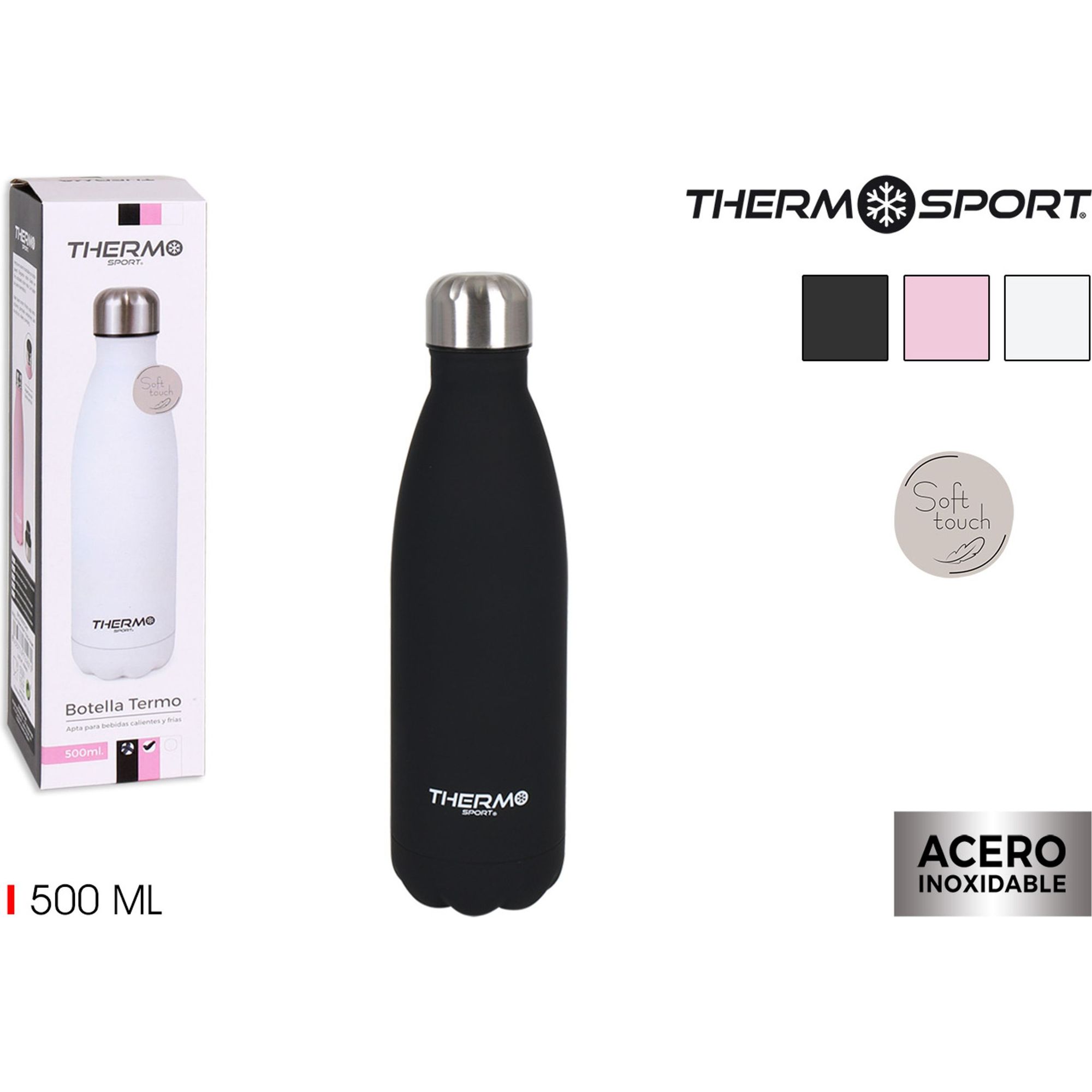 THERMOSPORT - BOTELLA TERMO SOFT TOUCH 500ML (COLORES SURTIDOS) - Botella Termo de Acero Inoxidable - Botella Termo para Bebidas Calientes y Frías - Botella Termo de Doble Pared Aislante - Botella Termo con Tapón Hermético