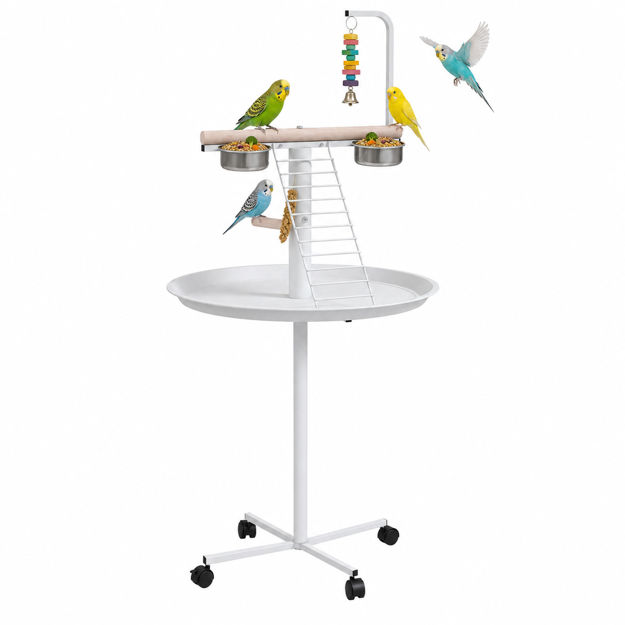 PawHut Comedero de Pájaros para Exterior con Ruedas Ø60x138 cm Comedero para Pájaros de Pie con 2 Cuenco de Acero Inoxidable y 2 Perchas para Jardín Terraza Blanco