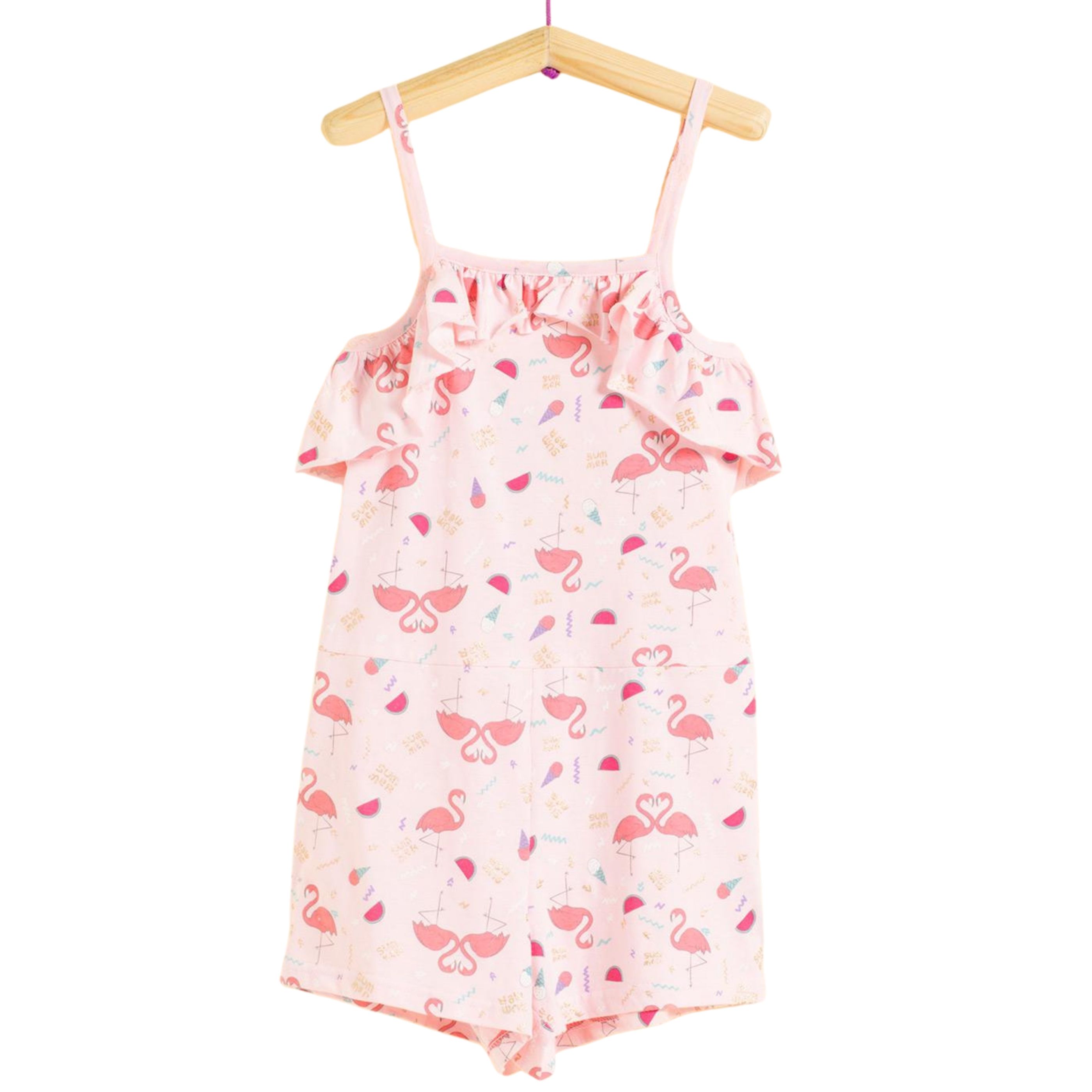 Mono Corto de Verano Rosa para Niña Petit Alo Tirantes Regulables, Volante, Estampado de Flemencos y Helado Fresco y Ligero