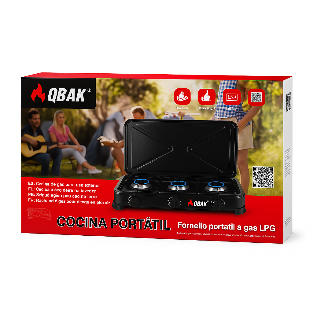 Cocina portátil QBAK de gas LPG con 3 fuegos — ideal para camping y uso exterior