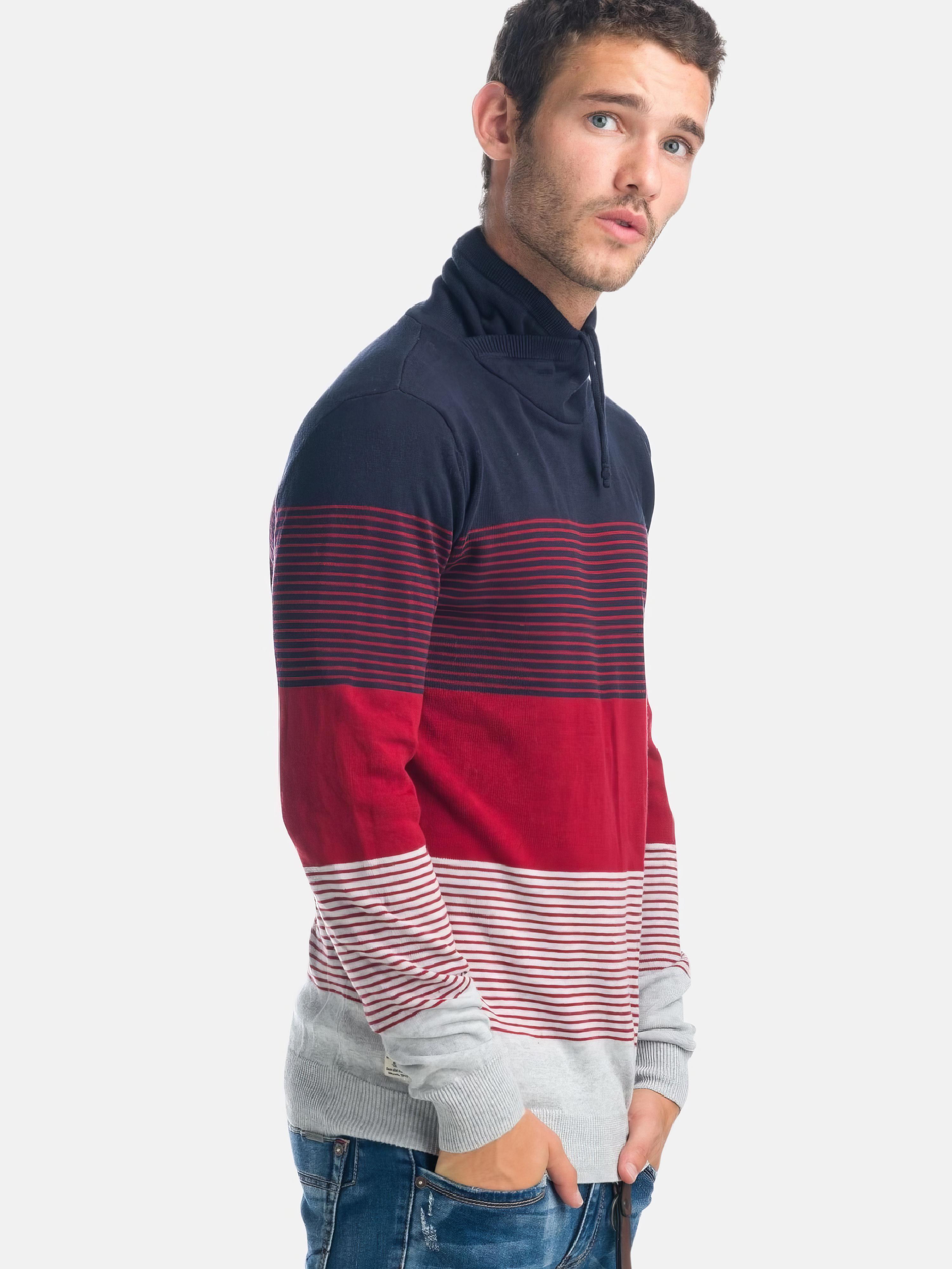 Koroshi - Jersey de punto para hombre con cuello alto cruzado, rayas a contraste en bloques rojo y azul navy, 100% algodón transpirable y cómodo