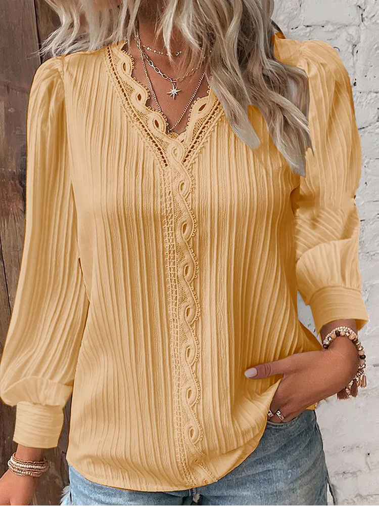 MOV Blusa Elegante De Mujer En Chiffón Negro Con Detalles De Encaje Y Manga Flare Diseño Vacío Y Sencillo Para Oficina