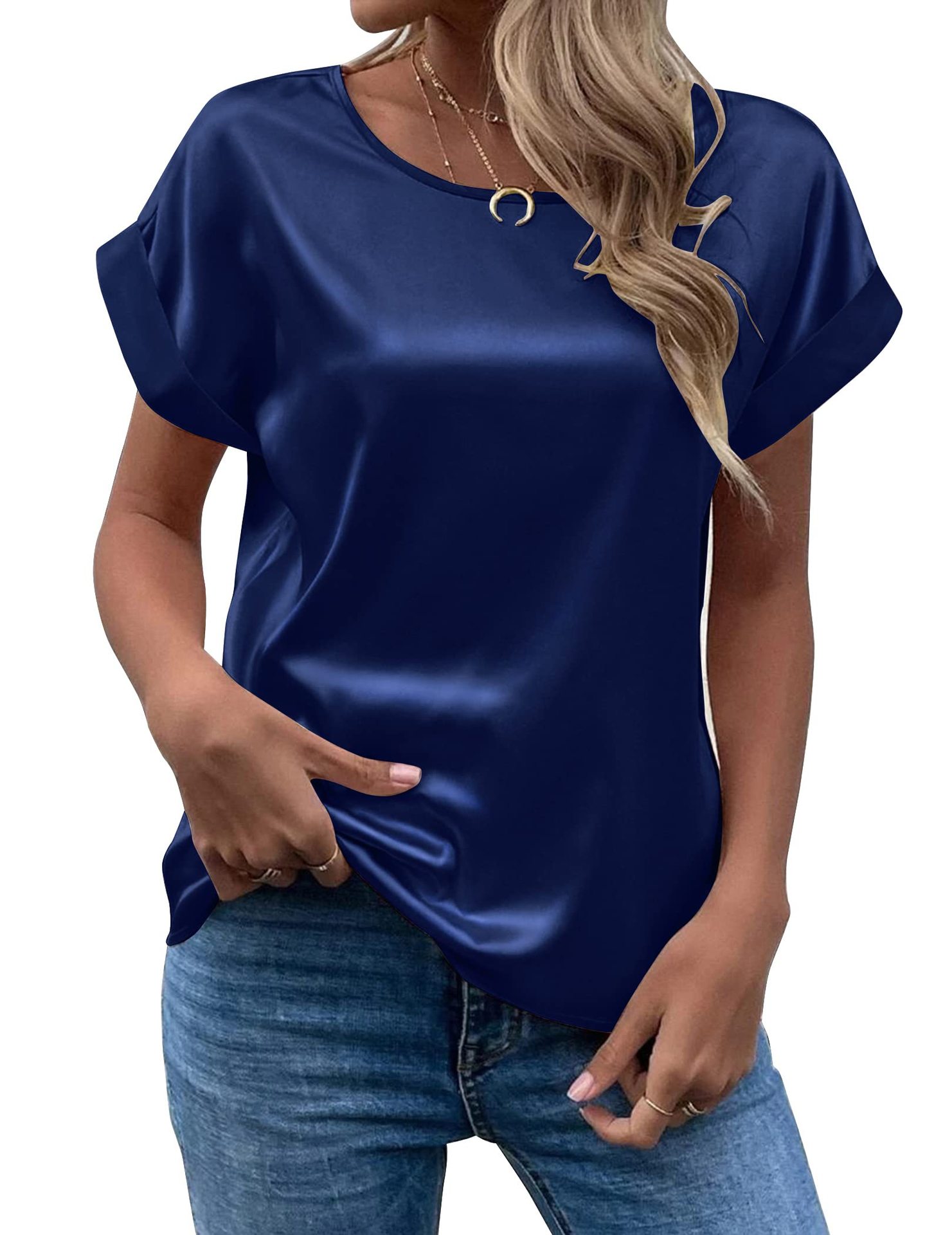 TK Camiseta De Seda Para Mujer Con Manga Corta Estilo Casual Cuello Redondo Colores Variados Talla Grande Primavera Verano