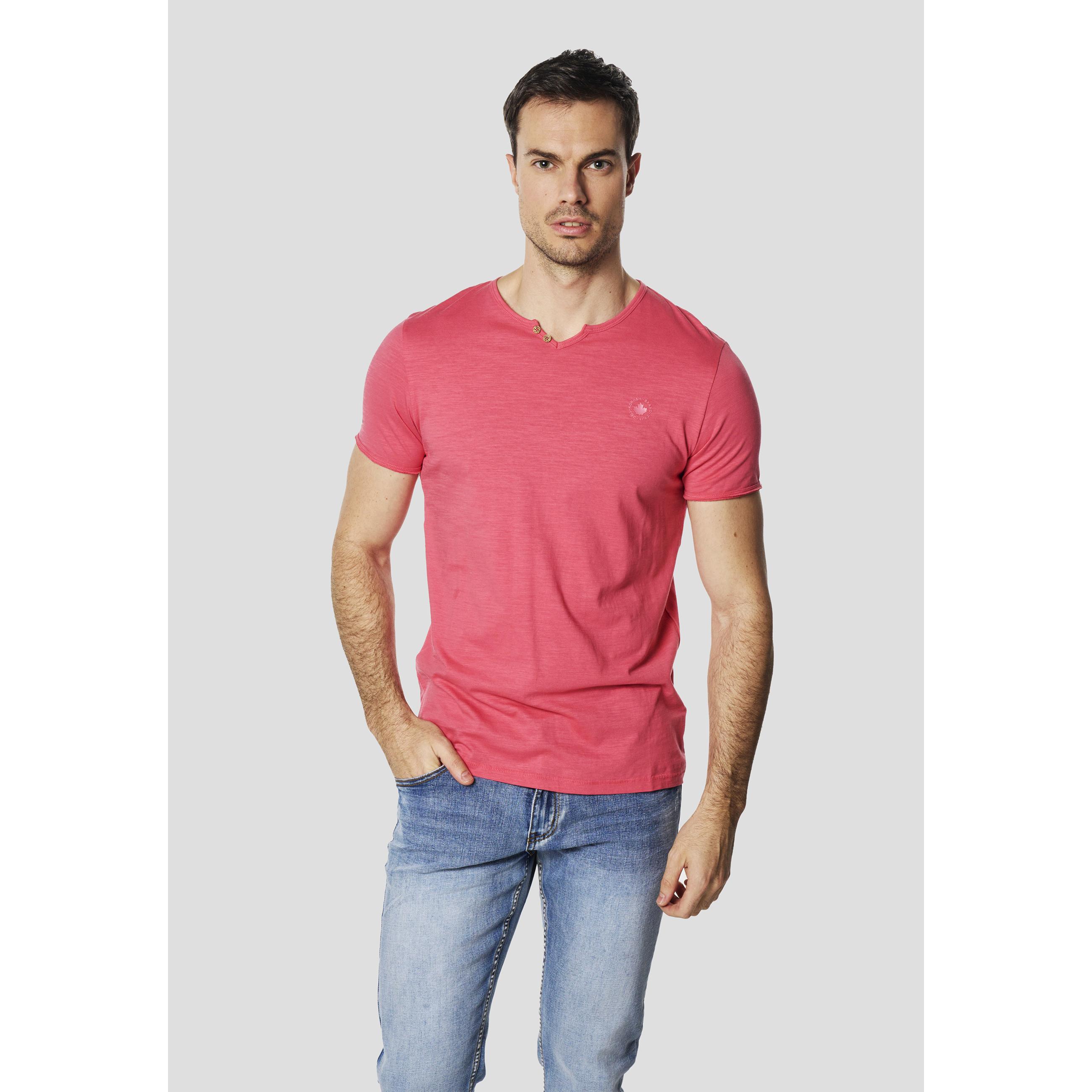 Koroshi - Camiseta hombre manga corta henley de 100% algodón con cuello abertura y botones, color kaki, rosa, crudo o menta