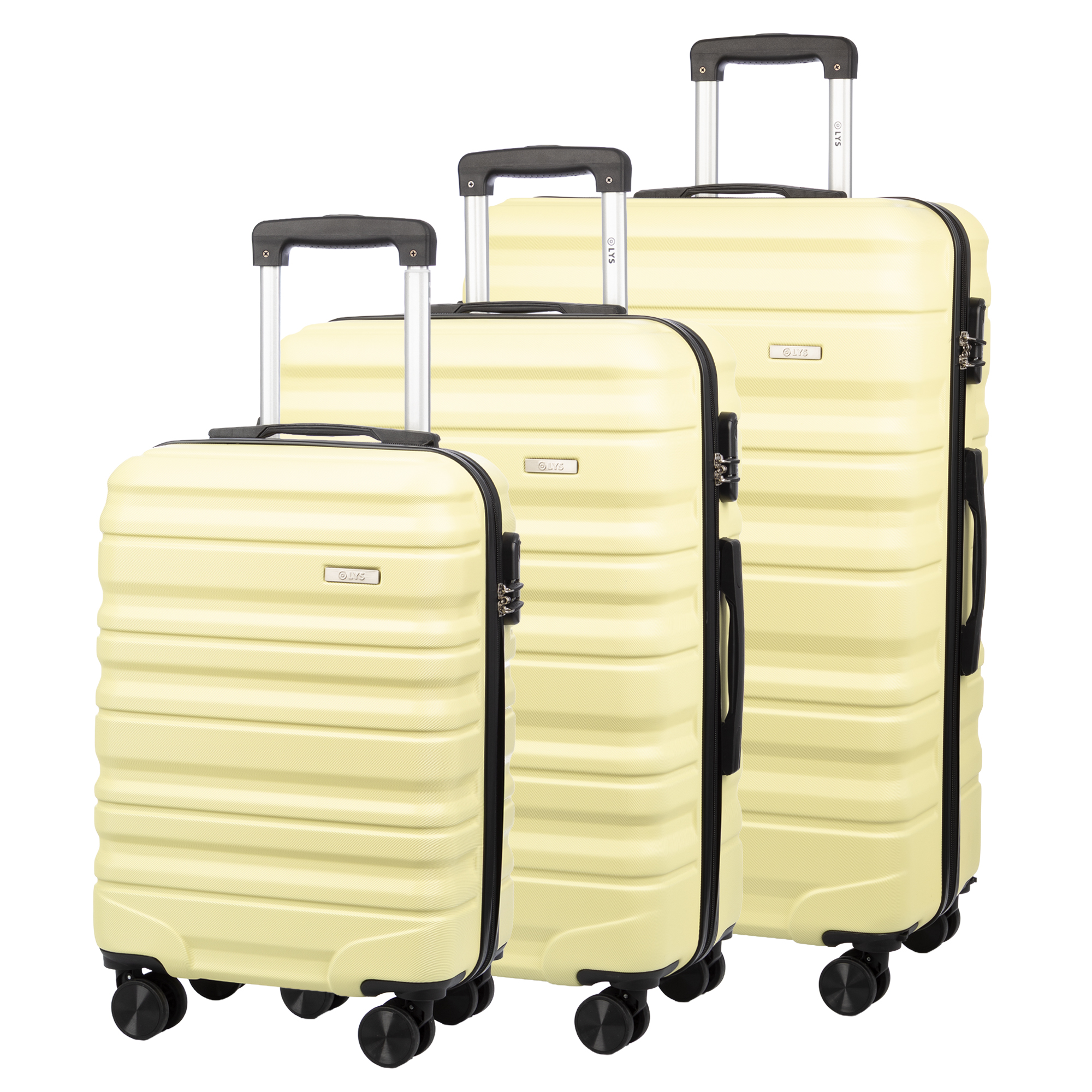 DAM Juego de 3 maletas Trolley, en material ligero ABS de alta resistencia. Cerradura numérica y 4 ruedas giratorias 360° extraíbles en la maleta grande. 52x28x75 Cm.