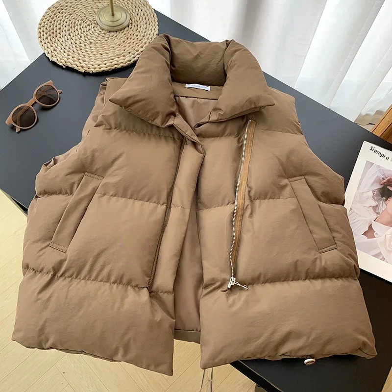 Chaqueta De Algodón Y Poliéster Para Mujer Estilo Casual Elegante Invierno Sin Mangas Cuello Erguido Botones Ajustable Cintura