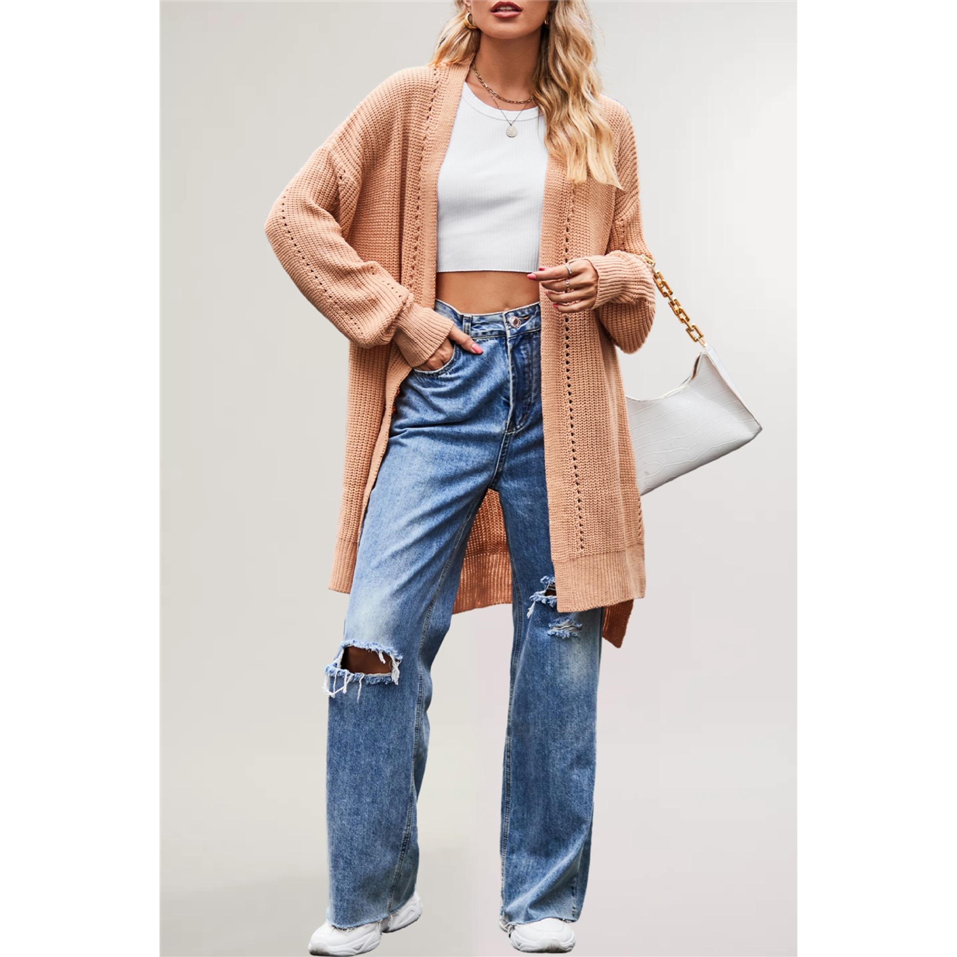 TK Suéter de invierno y otoño para mujer, cárdigan de punto holgado de color liso con bolsillos