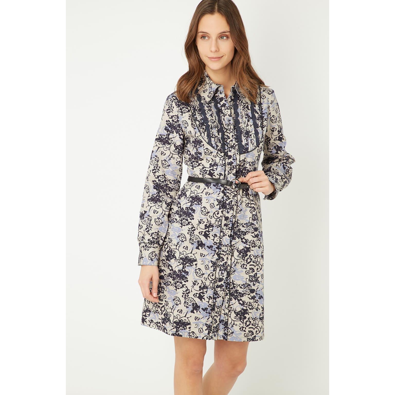 Vestido chemise mujer, dress floral, camisero manga larga, algodón suave, cinturón incluido, estilo elegante versátil, estampado azul beige, talla 36, cómodo y fresco, ideal día y noche ✅Entrega 24/48h