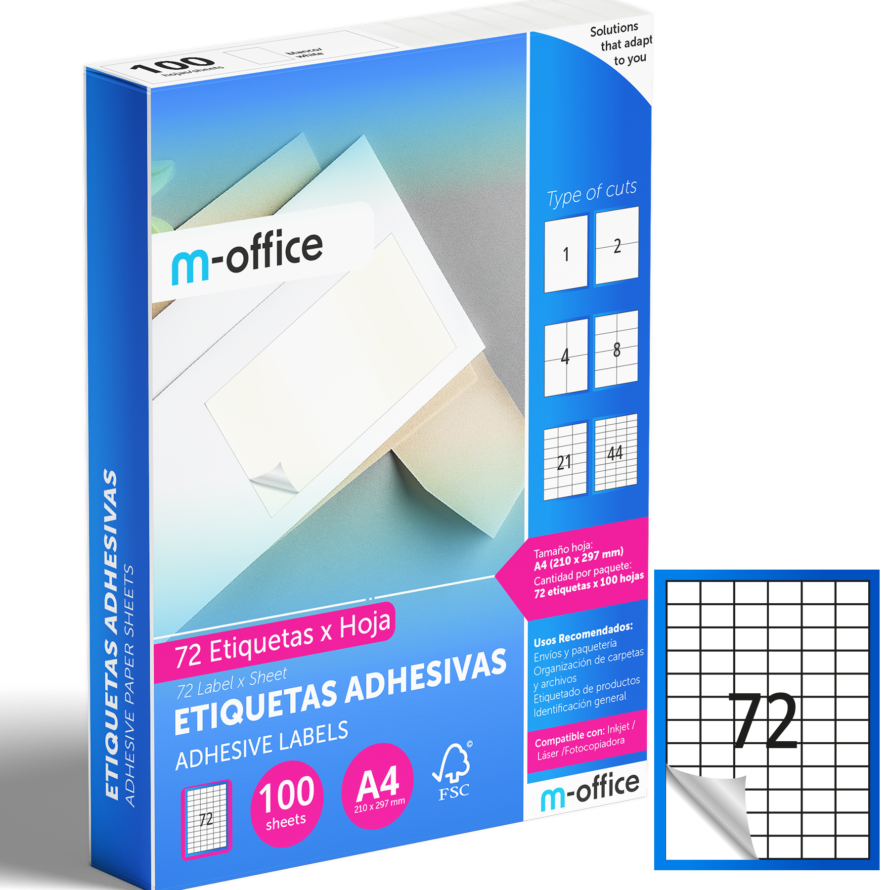M-office Etiquetas Adhesivas A4 compatible con Label Printer, Pegatinas Blancas Adhesivas para Uso Diario, Papel Adhesivo para Imprimir, Pegatinas para Escribir (72 por hoja, 100h)