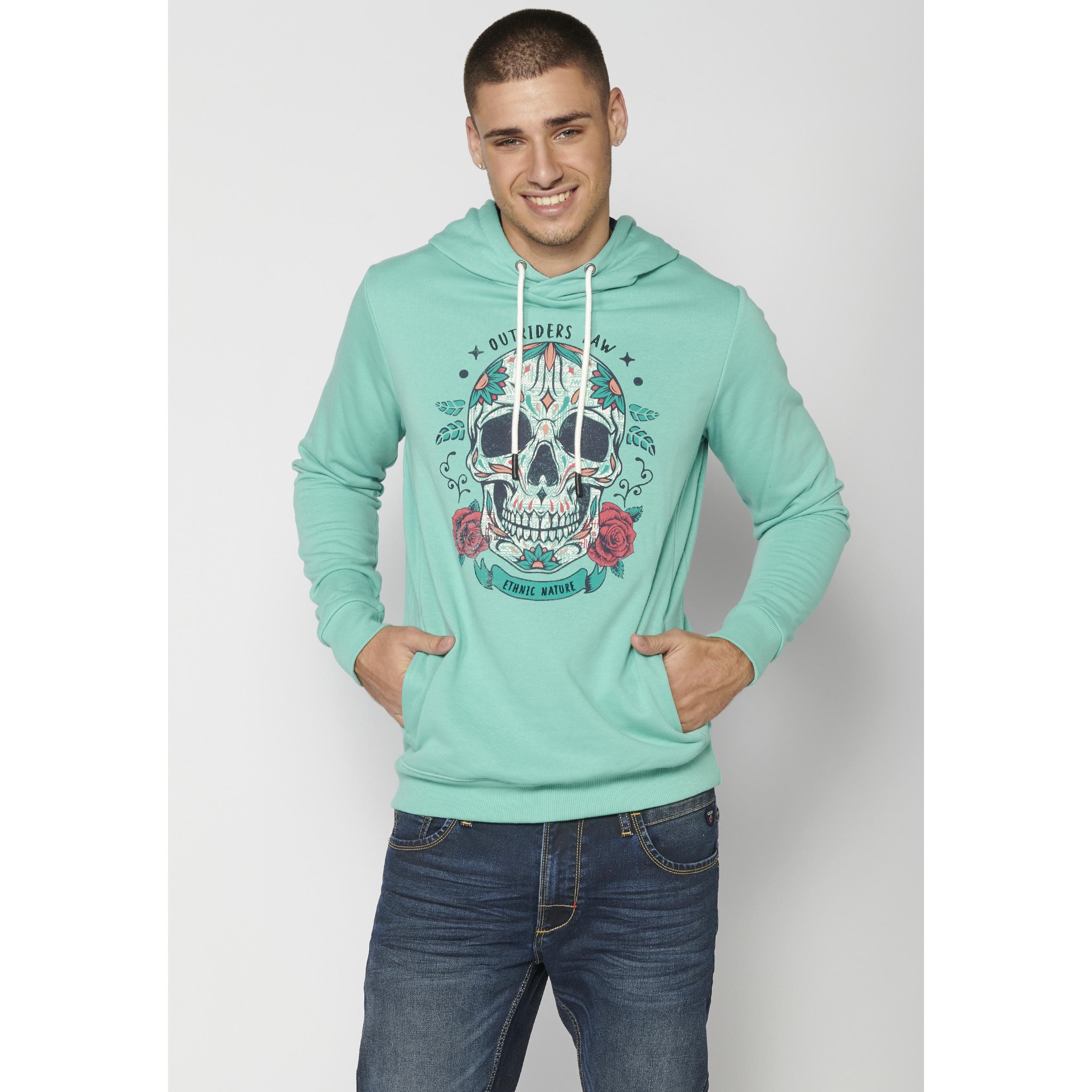 Koroshi - Sudadera con capucha para hombre estampado calavera Outriders Law Ethnic Nature algodón poliéster bolsillo canguro urbana